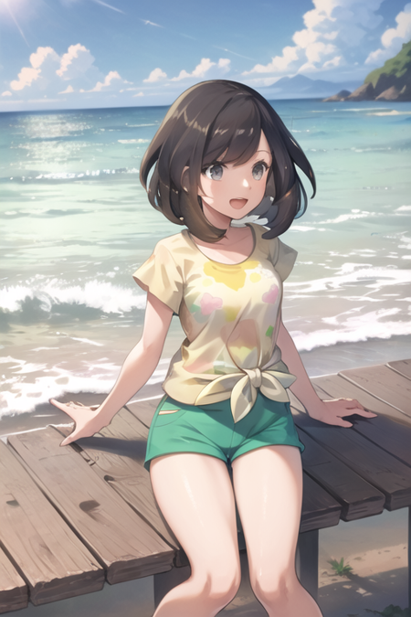 masterpiece, best quality, <lora:Selene:0.8>, selene \(pokemon\), yellow shirt, floral print, green shorts, beach, :d, tied shirt, grey eyes