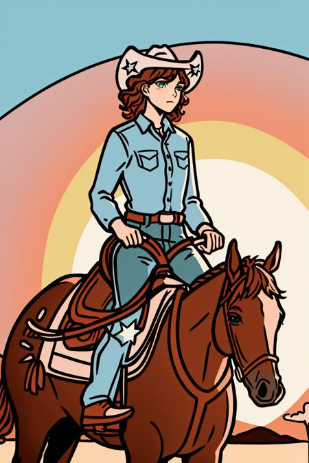 western illustration, masterpiece, best quality, 1boy, aqua eyes, baseball cap, brown hair, closed mouth, outdoors, cowboy hat,  shirt, short hair, simple background, solo, upper body, horse, riding horse, sunset  <lora:western_illustration_offset:1>