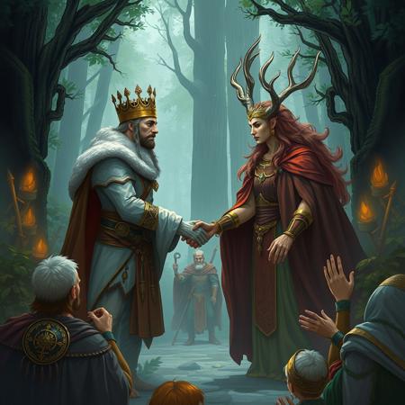 epic fantasy scene, the king of the humans is meeting with the queen of the forest, they are shaking hands, their people are cheering,