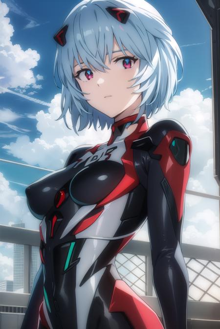 reiayanami, <lora:rei ayanami rebuild-lora-nochekaiser:1>, 
rei ayanami, (ayanami rei:1.2), blue hair, short hair, (red eyes:1.2),
BREAK bodysuit, headgear, plugsuit, black bodysuit,
BREAK outdoors, city, sky, sun, clouds,
BREAK looking at viewer, (cowboy shot:1.5),
BREAK <lyco:GoodHands-beta2:1>, (masterpiece:1.2), best quality, high resolution, unity 8k wallpaper, (illustration:0.8), (beautiful detailed eyes:1.6), extremely detailed face, perfect lighting, extremely detailed CG, (perfect hands, perfect anatomy),