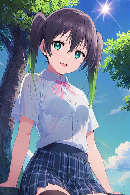 (best quality, masterpiece:1.2), 1girl, solo, (upper body:1.2),  looking at viewer, standing, smile, sunlight, lens flare, light on face, sky, blue sky, sitting, glow eyes, from below, closed mouth, blue beautiful sky,
<lora:Takasaki Yuu SSU:0.8> takasaki yuu, nijigasaki academy school uniform, multicolored hair, green eyes, black thighhighs, twintails, black hair, short sleeves,  summer uniform, pink neck ribbon, hair between eyes, breasts
<lora:Style_boldline:-1>