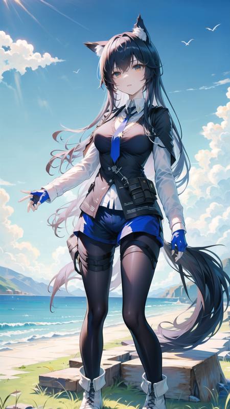 1girl, texas (arknights), solo, animal ears, long hair, pantyhose, pantyhose under shorts, blue gloves, shorts, black hair, black vest, boots, black pantyhose, full body, gloves, wolf ears, shirt, necktie, white footwear, long sleeves, fingerless gloves, blue necktie, vest, white shirt, wolf girl, collared shirt, standing, alternate costume, brown eyes, breasts, bangs, blue shorts, jacket, texasalterpenguinL, <lora:TexasTheOmertosaV2.0:0.8>, full body, blue sky background, clouds