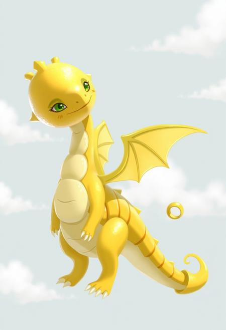 A stylized lemon dragon with a big lemon head and tiny wings tilts its head and looks this way. Its body is made of several connected lemon slices, and the tip of its tail has a curled lemon peel. Its eyes are a bit far apart, giving it a laid-back expression. The background is a pale blue sky with white clouds. wl_lemons