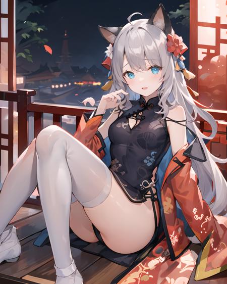 arknights_mint,long hair,(white legwear:1.4),(china dress:1.4),grey hair,blue eyes,  cat girl, bangs,ahoge,hair flower,night,