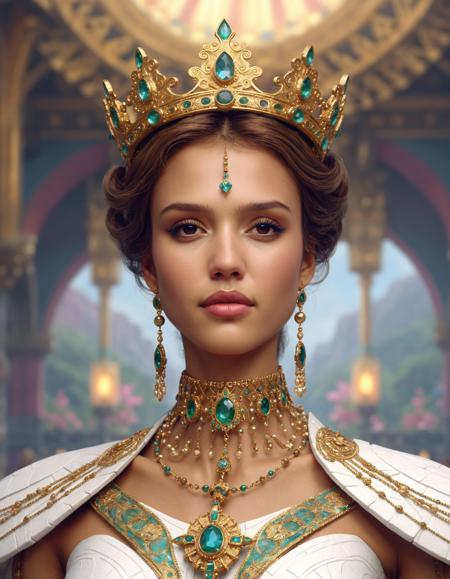 highly detailed portrait of ((ohwx woman)) as an elegant goddess, ornate crown, beautiful symmetrical face, digital painting, artstation, concept art, smooth, clear focus, illustration, greg rutkowski, artgerm, global lighting, detailed and fantasy   <lora:jessicaalba_dh128_v1_sdxxxl:1>