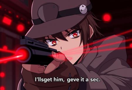 An illustration of an anime or manga-style character wearing a hat and aiming a gun with laser sights. The character has an intense, focused expression, with glowing red eyes suggesting they may be using some kind of special ability or power. The illuminated red sights on the gun and the blurred red lights in the background contribute to a tense, action-oriented atmosphere. The caption "I'll get him, give me a sec." implies the character is pursuing or about to confront someone. The overall style and composition conveys an intense, dramatic moment likely from an action or sci-fi anime, manga, or video game scene.