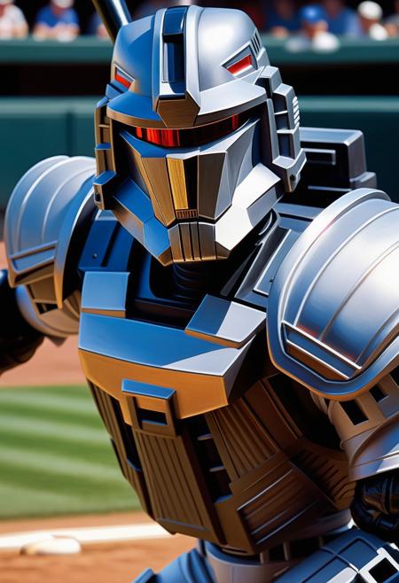 Centered, Incredibly Detailed Accurate Picture Of Megatron Playing Baseball, close-up portrait, shallow depth of field, warm color grading, Oil painting, linkedin portrait, by Aaron Garbut, by Gustave Courbet, by Curt Swan, close up