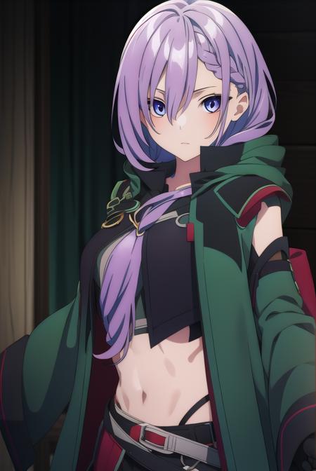 iseleveluna, <lora:iseleveluna-lora-nochekaiser:1>,
luna, long hair, purple hair, braid, hair between eyes, braided bangs,
BREAK gloves, navel, detached sleeves, black gloves, midriff, belt, pants, fingerless gloves, coat, asymmetrical clothes, green coat,
BREAK looking at viewer,
BREAK outdoors,
BREAK <lyco:GoodHands-beta2:1>, (masterpiece:1.2), best quality, high resolution, unity 8k wallpaper, (illustration:0.8), (beautiful detailed eyes:1.6), extremely detailed face, perfect lighting, extremely detailed CG, (perfect hands, perfect anatomy),