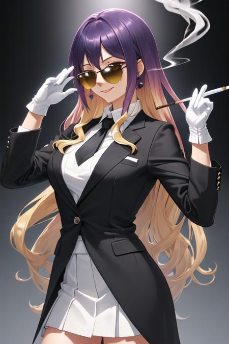 best quality, masterpiece, highres, solo, {black business suit:1.40}, {tie:1.20}, {sunglasses:1.25}, {white gloves:1.15}, {white shirt:1.10}, {black skirt:1.15}, {smoking:1.20}, handsome, {hijiri_byakuren_touhou:1.15}, multicolored_hair, gradient_hair, long_hair, purple_hair, blonde_hair, yellow_eyes, smile, brown_hair, breasts