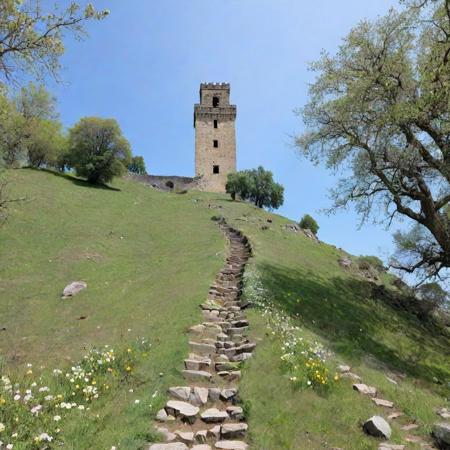<lora:lcm_sdxl_lora:1>,   <lora:nat:0.7>  looking up at the top of a hill from the base, a path up a hill, small trees, flowers, on the top of the hill is a  massive ruined  tower, a small block building at the base of the tower,