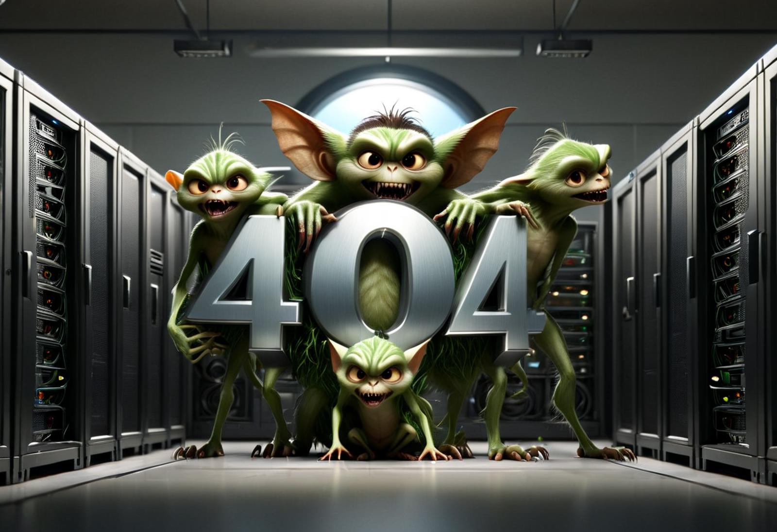 A group of green creatures posing in front of the number 404.