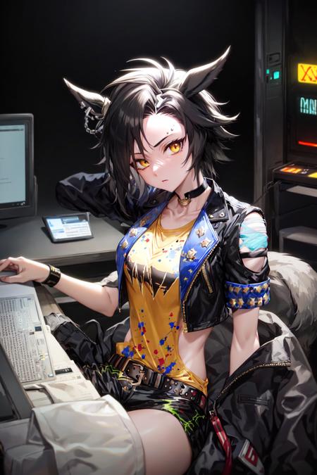 masterpiece, best quality,
air shakur \(umamusume\),
dark inside, dark background,
sitting, server room, servers, keyboard \(computer\),  monster energy,
yellow shirt, yellow tank top, side cutout, black choker, necklace, short sleeves, shoulder cutout, crop top, blue collar, cropped jacket, black jacket, open jacket, zipper, wristband, bracelet, belt,
<lora:air_shakur_loha-000007:0.7>