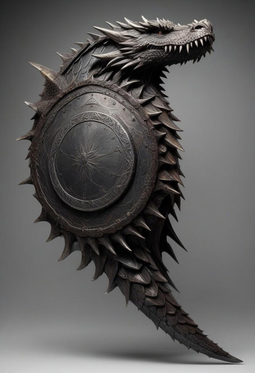 A large dragon scale crafted into a shield for a mighty warrior. The scale has a rough, metallic surface with a deep, dark hue, possibly black or dark gray, and faint iridescent patterns running through it. The edges of the shield are reinforced with silver or steel, and intricate engravings of ancient symbols are etched into the metal frame. The shield has a rugged, battle-worn appearance, with a few scratches and dents, showing it has been through many fights. It is massive, almost as tall as the warrior who wields it, and exudes a sense of power and resilience.