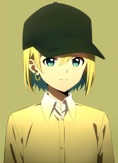 promisedNeverland <lora:promisedNeverland_offset:1>,  masterpiece, best quality, 1girl, aqua eyes, baseball cap, blonde hair, closed mouth, earrings, green background, hat, hoop earrings, jewelry, looking at viewer, shirt, short hair, simple background, solo, upper body, yellow shirt