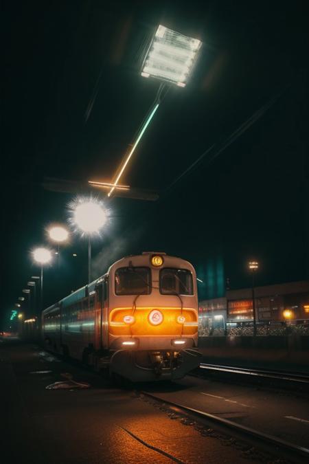 neon city, spotlight, flying train,