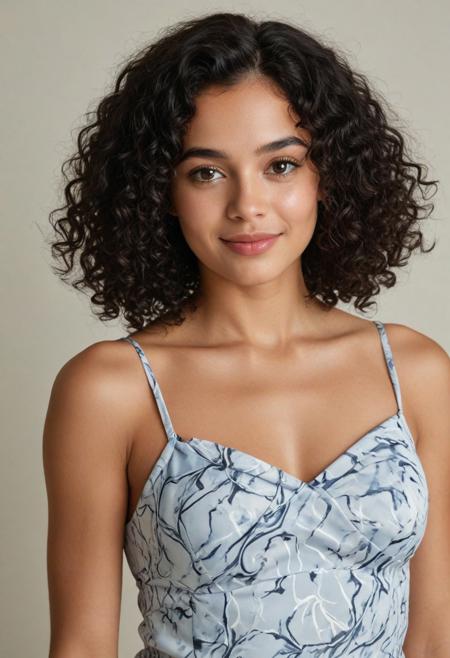 creat a confident and stylish young woman with voluminous, shoulder-length natural black curls, warm tan skin, soft facial features, and a beauty mark near her lips. She is wearing a silky, blue-and-white marble-pattern dress with thin straps. She looks directly at the camera with a subtle, playful smirk. The lighting is soft and warm, highlighting her facial features and skin tone. The background is clean and minimal — solid light beige or soft off-white, studio-style, with no distractions. Portrait orientation, upper body in frame. Elegant, modern, lifestyle-influencer aesthetic.