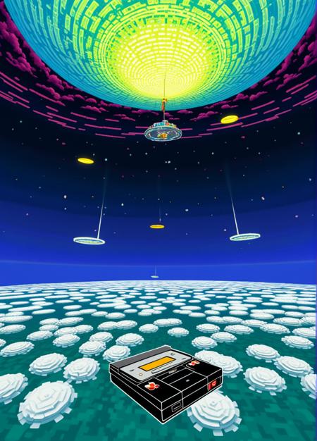 Here's a detailed image prompt based on the lyrics:  **Title:** "The Eternal Loop"  **Image:** A surreal, dreamlike illustration that captures the essence of the lyrics.  **Composition:**  * In the center of the image, a pixelated video game console (think old-school Nintendo or Sega) is suspended in mid-air, surrounded by swirling clouds of digital code. * The console's screen displays a never-ending loop of a simple, 2D platformer level. The player character is stuck on a perpetual jump cycle, repeatedly bouncing off the same platforms without ever reaching the end. * Above and below the console, two giant, glowing pixels (representing "life" and "death") hover in the air, connected by a thin, shimmering thread that appears to be unraveling.  **Color Palette:**  * The dominant colors are a muted blue (#87CEEB) for the console and background, with flashes of bright pink (#FF69B4) and yellow (#F7DC6E) emanating from the pixels. * The platformer level on the screen glows softly in shades of orange (#FFA07A) and green (#34C759).  **Composition:**  * The image should be divided into thirds horizontally, with the console taking up the center third. The two giant pixels bookend it, stretching out to the edges. * In the top third, include a faint grid pattern in white (#FFFFFF), subtly suggesting the video game world. * Within the console's frame, incorporate various UI elements:  + A power-up symbol (e.g., a shield) hovering above the "Life" text.  + A health bar with a small chunk missing, indicating the lyrics' theme of life being fragile.  + A series of quick-save icons (e.g., floppy disks or USB drives) scattered around the console's surface. * In the bottom third, add some pixel art elements:  + A 16-bit style character (perhaps a stylized representation of the song's protagonist) walking into the distance, with a faint aura surrounding them.  + Some scattered power-ups and collectibles (e.g., coins, stars, or hearts) to create a sense of depth.  Remember, this image prompt should be visually striking and capture the essence of the lyrics.