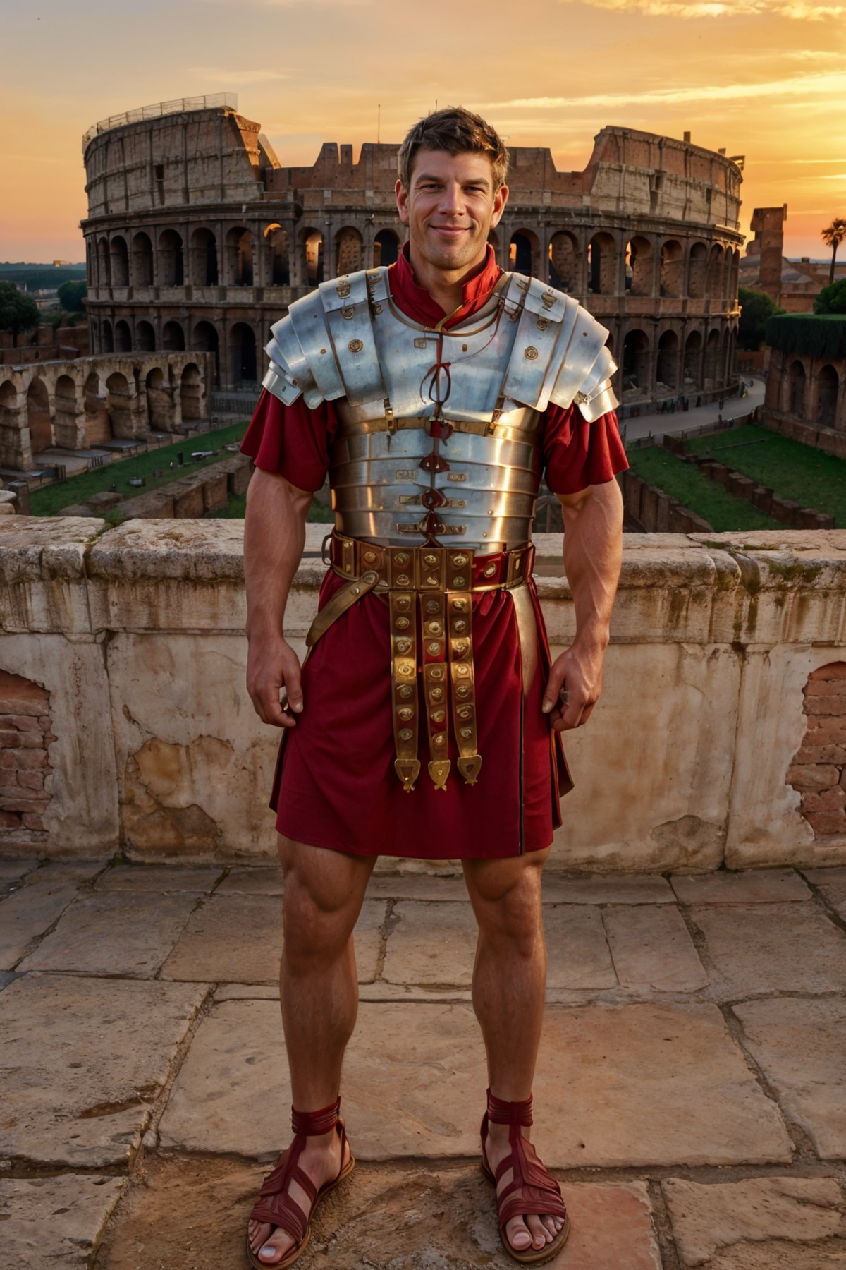 golden hour, roman city with Colosseum in the background, smiling, ZebAtlas  is wearing loriseg armor, (red tunic), (red s...