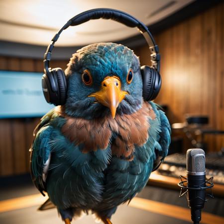 A photograph of a bird wearing headphones and speaking into a high-end microphone in a recording studio., Carlos Catasse, award - winning photography, a stock photo, art photography,action shot, nude, sunlight, wide angle,<lora:EnvyActionShotXL01:0.5> 8k, F2.8, RAW Photo, ultra detailed, real life <lora:xl_more_art-full_v1:0.8>