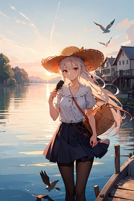 ((masterpiece,best quality)), <lora:GoodHands-vanilla:1>,1girl,solo, one piece,pantyhose,straw hat,lake, sunset,  boat, bird, (cowboy shot), dock,,