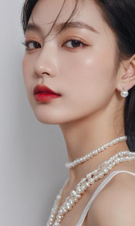 xxmixgirl,a close up of a woman with a red lipstick and earrings, up close shot shinji aramaki, beauty campaign, richly defined face, inspired by Zhang Shuqi, wearing pearl earrings, close - up on face, dewy skin, closeup of the face, products shot, kimi takemura, closeup on face, facial closeup