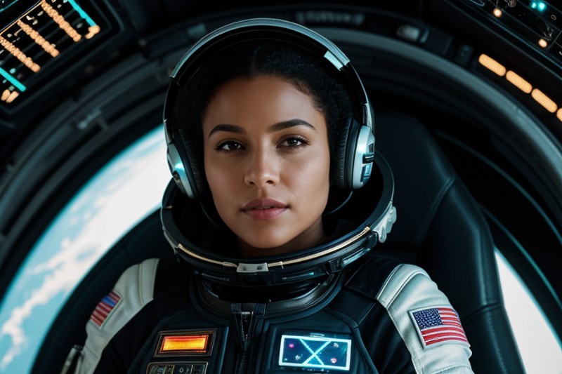 a photorealistic image of a seasoned, Black space pilot in the cockpit of her advanced interstellar craft. She's in close-...