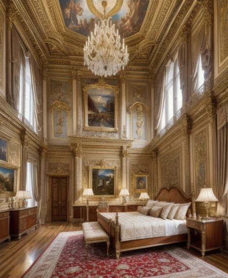 Masterpiece, 4K, beautiful design, absurdres, ,lh_room, a bedroom with a bed and a chandelier, (masterpiece:1.5) (painting:1.1) (best quality) (detailed) (intricate) (8k) (HDR) (wallpaper) (cinematic lighting) (sharp focus)