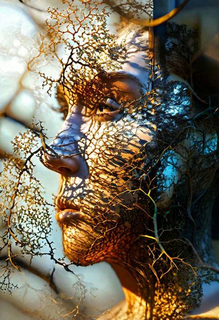 Fractalvines, A portrait of a human face, its features dissolving into a tapestry of fractalvines, revealing the interconnectedness of nature and humanity. <lora:Fractal_Vines:1>  <lora:EnvyBetterHiresFixXL01:0:hr=1>