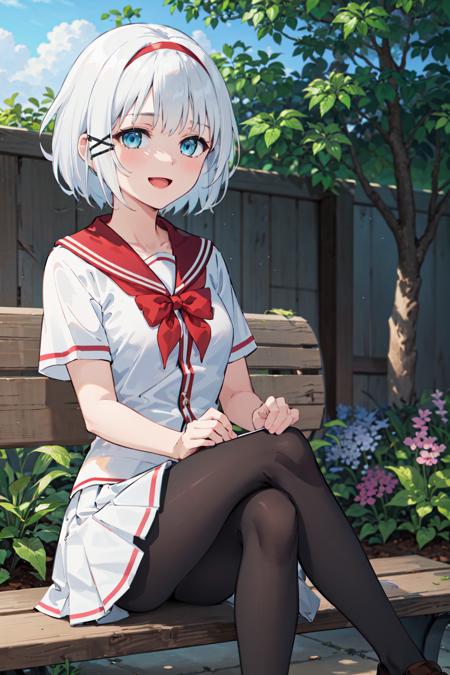 masterpiece,best quality,highres,ultra-detailed,bbsiesta,short hair,bangs,red hairband,x hair ornament,hairclip,school uniform,sailor collar,red ribbon,white shirt,short sleeves,white skirt,pantyhose,loafers,<lora:siesta:0.8>,outdoors,garden,bench,sitting,:d,