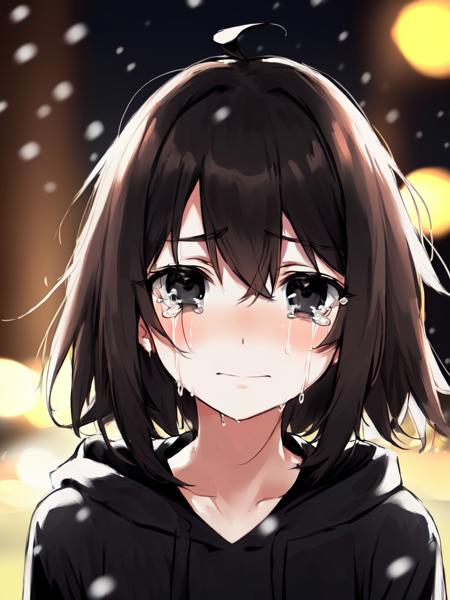 absurdres, masterpiece, highres, cinematic, full HD, 8k, intricate detail, ultra detailed, portrait, 1girl, (((black eyes, black hair))), fluffy, black sweater, black hoodie, (((looking at viewer))), gothic, bangs, medium hair, eye focus, winter, night, outdoors, depth of field, bokeh, blurry background, snow particles, :<, :<, detailed eyes, expressionless, ahoge, upper body, [blush], light smile, sad, melancholy, streaming tears, crying with eyes open