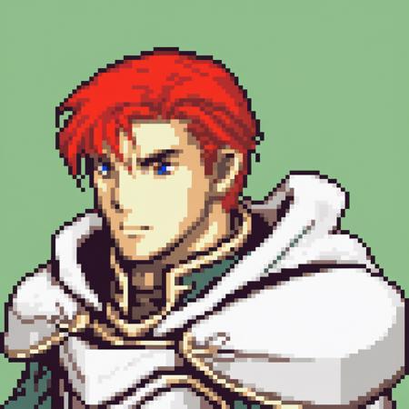 A color saturated fire emblem portrait of a handsome young well armored knight with white armor and fur cloak who is battle hardened from an ongoing civil war with a simple green background, <lora:GBA Style SDXL v3:1>