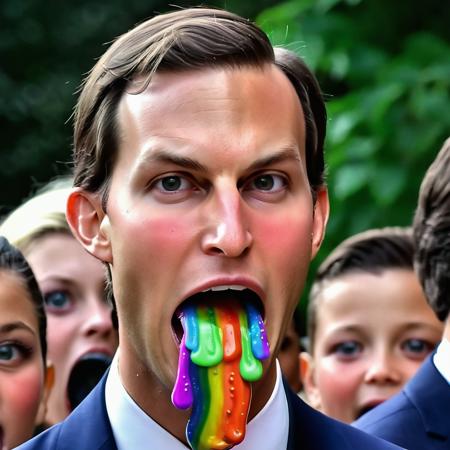 candid photo of ukj style jared kushner, powerful forceful stream of  rainbow liquid goo, large open mouth, huge pupils, 8k, best quality <lora:rainow_sdxl_ukjstyle_v111602-000003:1>