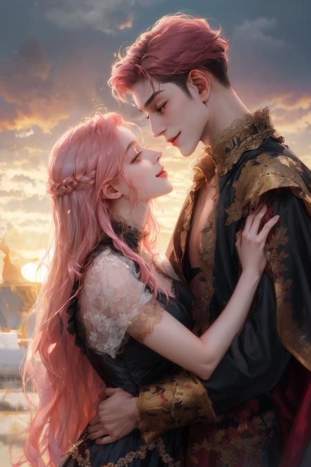 (absurdres, highres, ultra detailed), 2others, couple, 1man with 1woman, mature, Height difference, different hair color, happy, love, hug, upper body, long hair, black hair and pink hair, fantasy, sunset, looking at each other