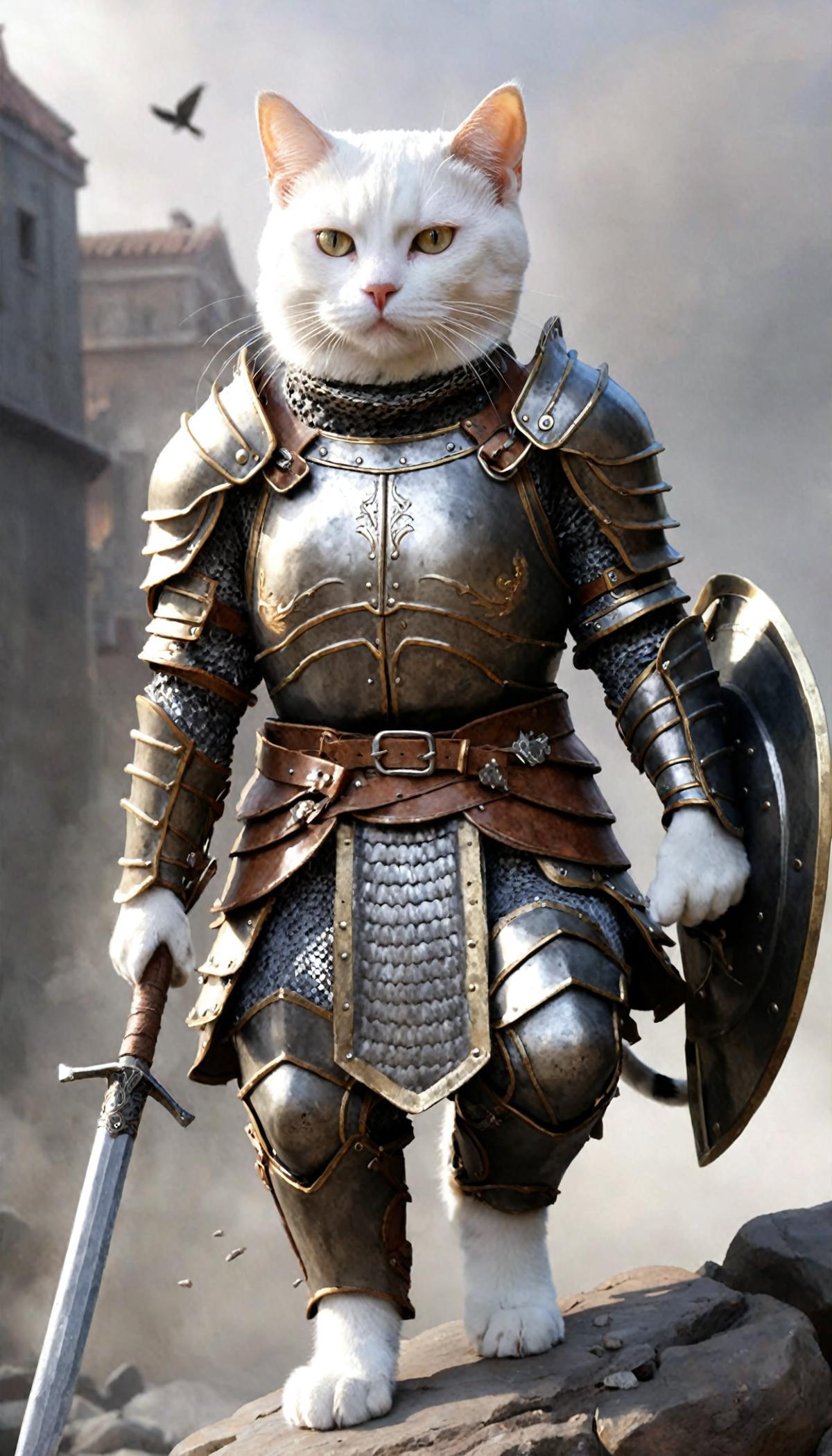 A cat wearing a knight's armor and holding a sword.