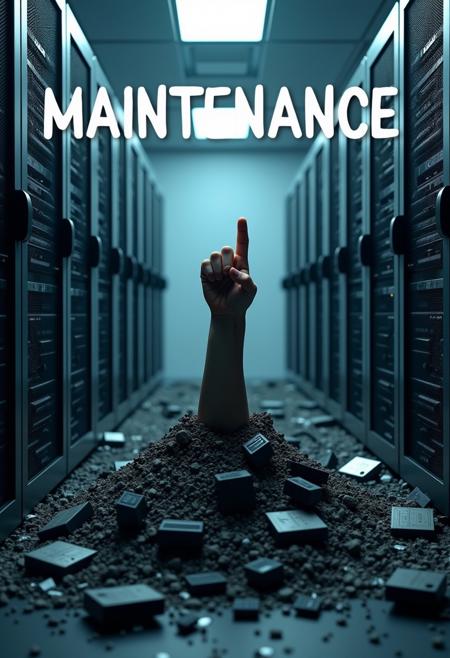 A highly detailed image of a server room with the text "MAINTENANCE" written on top. servers are destroyed ,there is a pile of broken computer and and servers in the middle, a hand rise from the debris doing a thumbs up