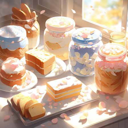 food, food focus, still life, petals, sunlight, cup, cake, jar, bread, window, <lora:colorfulfood-v10:1>