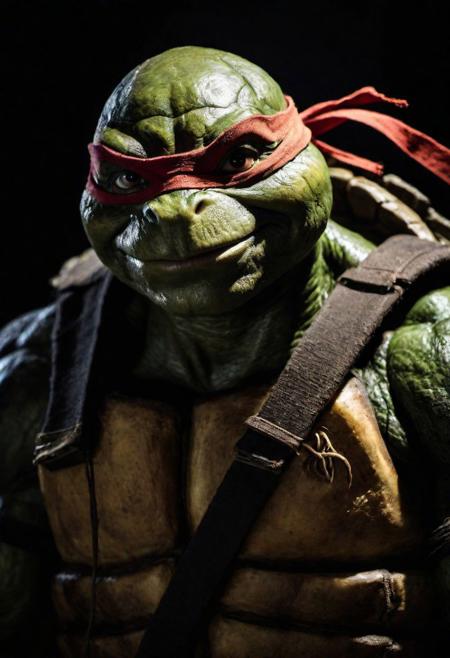 Close-up, (teenage mutant ninja turtles ), grim smile, relaxed pose, portrait movie shot, serious, menacing, chiaroscuro style photo, dark background, minimalism, dramatic lighting, professional quality, dull highlights and shadows, natural and   original, laser eyes