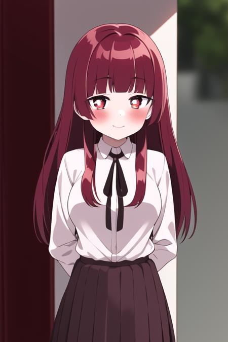 ((masterpiece, best quality)),1girl,standing,large breasts,smile, bangs, yaeka sakuragi, blush, collared_shirt,  long_hair, long_sleeves, looking_at_viewer,  pleated_skirt, ,neck_ribbon, red_hair,white shirt,arms behind back,<lora:yaekamix:1>