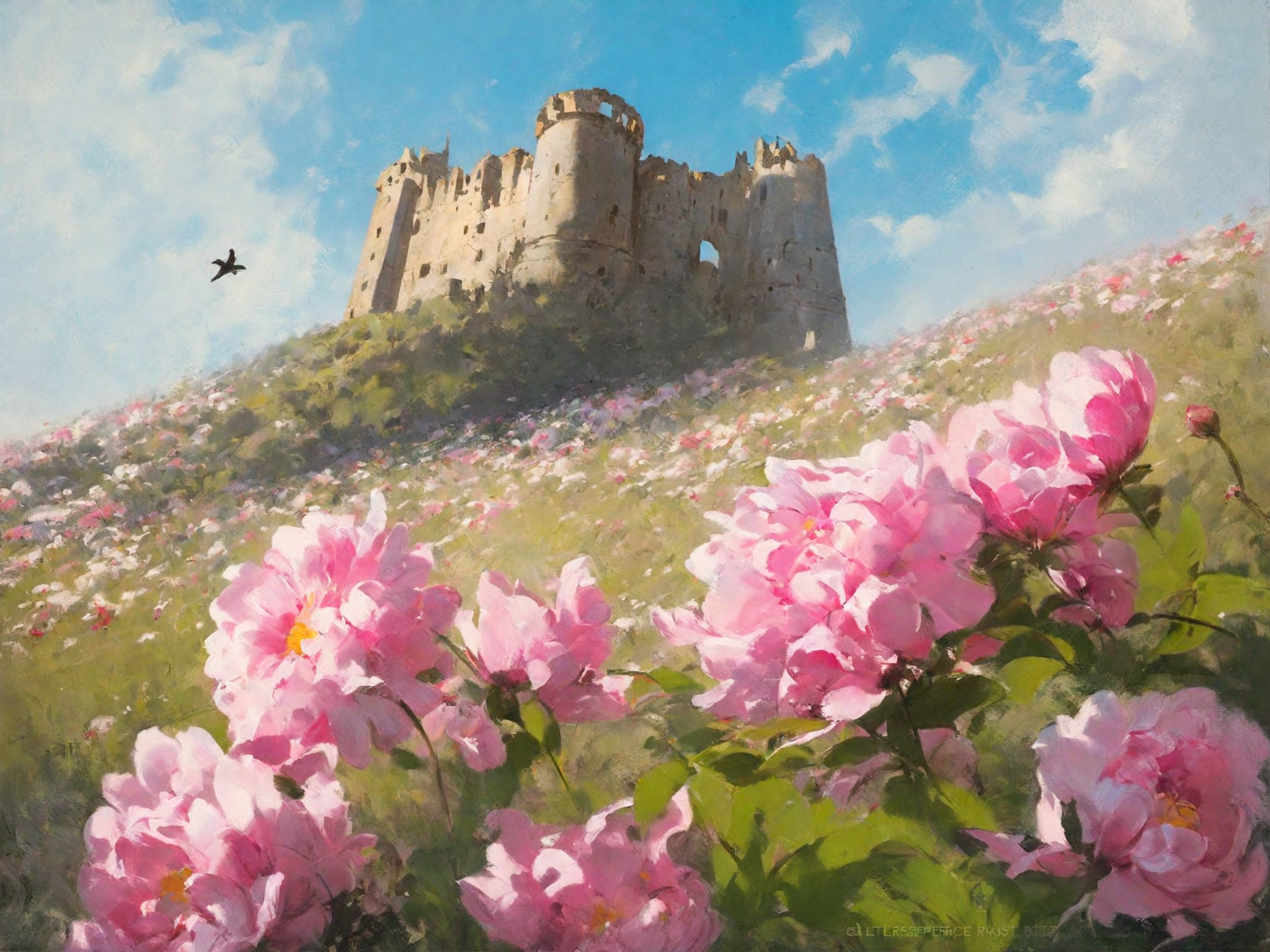 by greg rutkowski, (masterpiece, best quality), flying ruins of an ancient castle, flower, outdoors, letterboxed, day, sky...