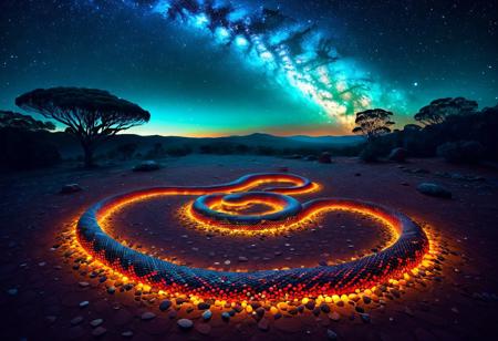 the sacred aboriginal snake god, is body made of a million stars coiled in the night sky above the landart of aborigenal,  ethereal landscapes, floating stones above the ground, aboriginal landart a immense representation of a snake of color dots, ocre, red, turquoise beans, pearls, lizard, depth of field, soft tones, mist mysteries,