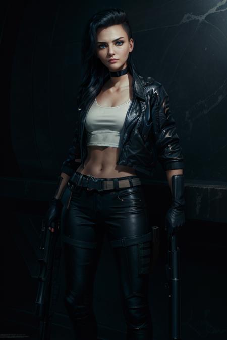 RogueCyber, 1girl, solo, weapon, gun, navel, choker, pants, midriff, jacket, gloves, leather, boots, blue eyes, holding weapon, breasts, holding, rifle, black pants, leather jacket, holding gun, black choker, cleavage, open jacket, black jacket, black gloves, crop top, belt, black hair, realistic, standing, nose, cropped jacket, looking at viewer, lips, small breasts
masterpiece, best quality,
<lora:add_detail:0.7>,<lora:epi_noiseoffset2:1>,  <lora:RogueCyber:0.7>