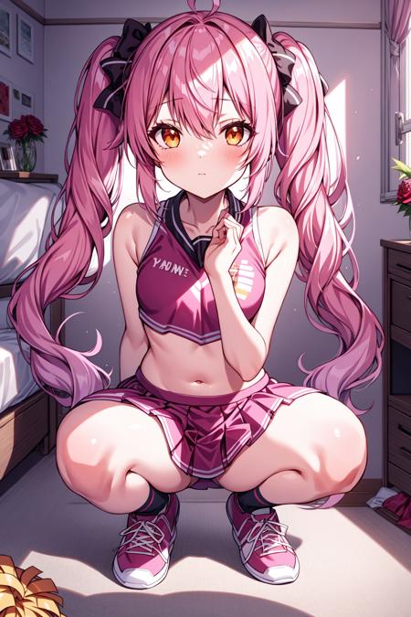 1girl, solo, (wide shot, fisheye:0.85), pink hair, twintails, orange eyes, small breasts, cheerleader pom pom, hand on own knee, rose, instrument, Poinsettia, bedroom , desperation, nice hands, squatting