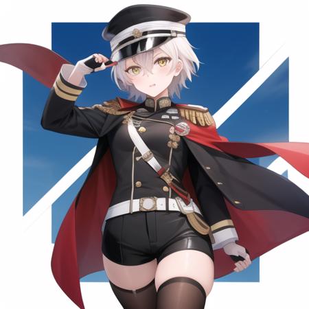 (masterpiece, best quality:1.2),illustration,8k,hd,1girl,solo,cowboy shot,kinu (azur lane),bangs,belt,black cape,black footwear,black headwear,black jacket,black thighhighs,black shorts,cape,fingerless gloves,gloves,hair between eyes,hair ornament,hat,jacket,medium hair,military hat,military uniform,multicolored cape,multicolored clothes,red cape,red gloves,rudder footwear,shorts,shoulder armor,sode,yellow eyes,<lora:Kinu(azur)>,