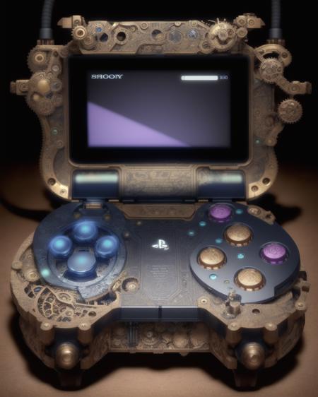 An extremely complex and advanced steampunk PlayStation pad gameboy, intricate details, complex gearwork, steam powered, vacuum valves, Victorian tech, bright vibrant colours, dark background backdrop, detailed product photograph by Tim Walker.