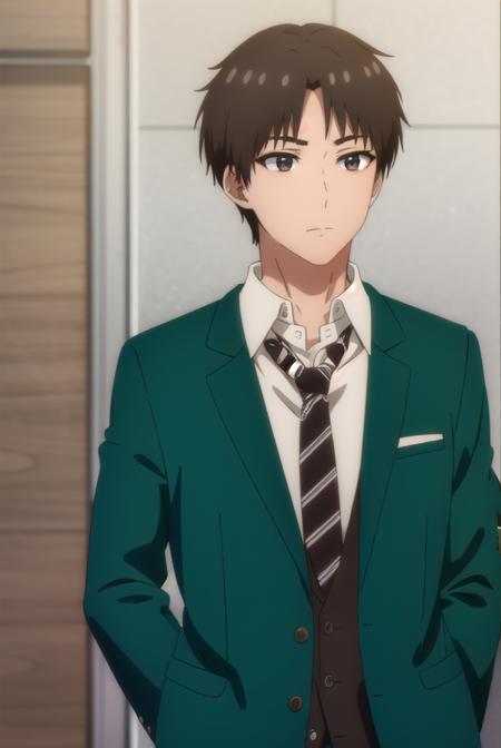 junichiroukubota, <lora:junichirou kubota s1-lora-nochekaiser:1>,
junichirou kubota, short hair, bangs, brown hair, (brown eyes:1.5), male focus,
BREAK shirt, long sleeves, school uniform, jacket, white shirt, open clothes, necktie, collared shirt, pants, open jacket, black pants, blazer, red necktie, (green jacket:1.5), brown pants,
BREAK indoors, classroom,
BREAK looking at viewer, (cowboy shot:1.5),
BREAK <lyco:GoodHands-beta2:1>, (masterpiece:1.2), best quality, high resolution, unity 8k wallpaper, (illustration:0.8), (beautiful detailed eyes:1.6), extremely detailed face, perfect lighting, extremely detailed CG, (perfect hands, perfect anatomy),