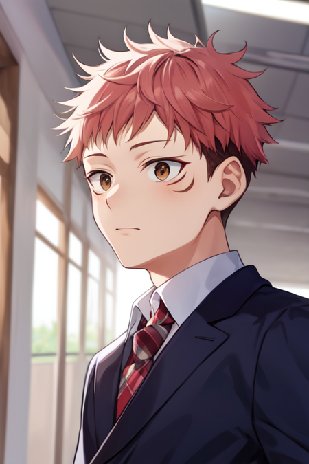 itadori yuuji pink hair spiked hair short hair undercut facial mark brown eyes