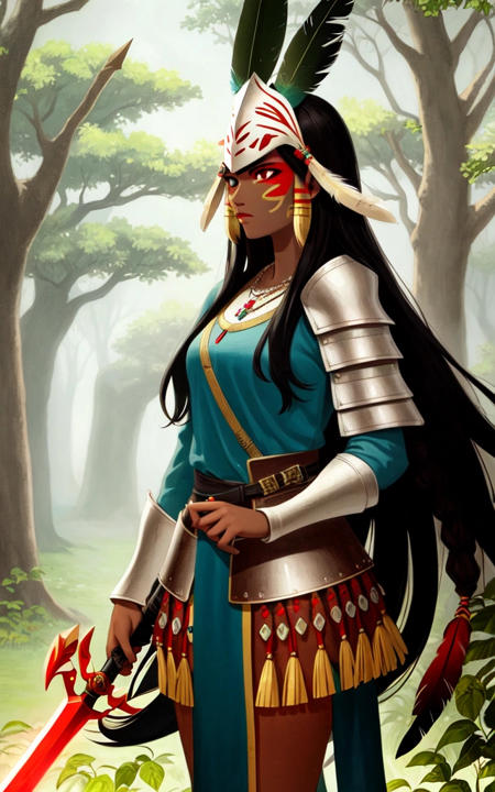 mayyadream, long hair, black hair, red eyes, holding, jewelry, standing, weapon, sword, dark skin, necklace, holding weapon, armor, tree, mask, leaf, traditional media, feathers, plant, polearm, nature, spear, headdress, painting (medium), facepaint, holding polearm, tribal
