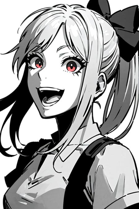 <lora:Lynn[V1]:0.7>, Lynn, 1girl, solo, monochrome, ponytail, red eyes, smile, hair bow, white background, greyscale, portrait, open mouth,