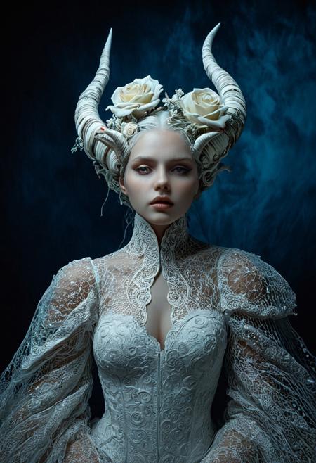 The image is a highly detailed, surreal CGI artwork depicting a statuesque woman with an ethereal, otherworldly appearance. The subject stands against a gradient background transitioning from deep blue to a darker, almost black hue, which enhances the dramatic and mystical atmosphere. 
She is adorned in an ornate, intricate white dress made of a fabric that resembles a combination of lace and intricate, sculpted elements. The dress is high-necked and features a high, plunging neckline, with elaborate, swirling patterns and textures that evoke the appearance of flowers or foliage. The dress is adorned with white, almost crystalline roses that are meticulously detailed, adding to the ethereal, almost fantasy-like quality of the scene.
Her face is striking, with a serious, almost imperious expression. Her skin has a pale, almost translucent quality, blending subtly with the overall white theme. Her hair is styled in a towering, elaborate arrangement that appears to be made of large, curved, shell-like structures, giving the impression of a fantastical, mythical creature. The horns are intricately detailed, resembling large, twisted, spiraled shells or horns, which add to the surreal, fantastical atmosphere of the image.