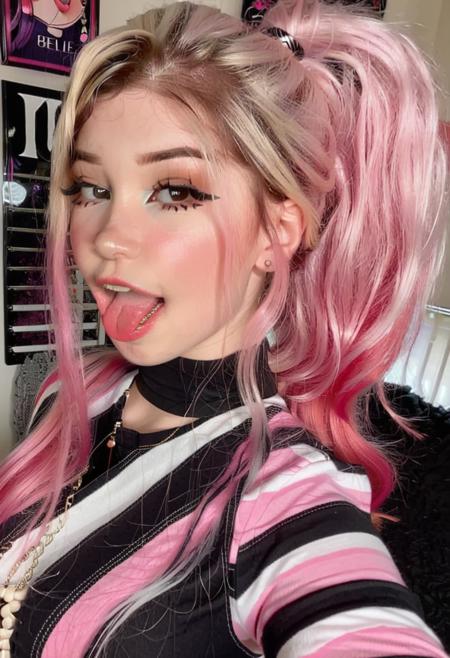 Belle Delphine, an upper body picture of a woman with pink hair and a striped shirt is sticking her tongue out wearing a ponytail